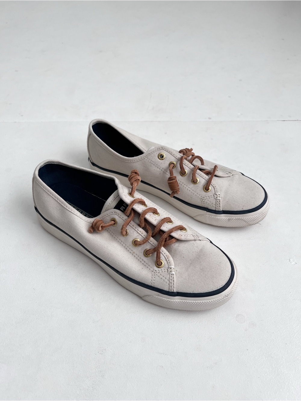 Sperry Ivory Canvas Lace-Up Sneakers with Brown Leather Laces